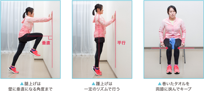 ▲腿上げは壁に垂直になる角度まで ▲踵上げは一定のリズムで行う ▲巻いたタオルを両膝に挟んでキープ